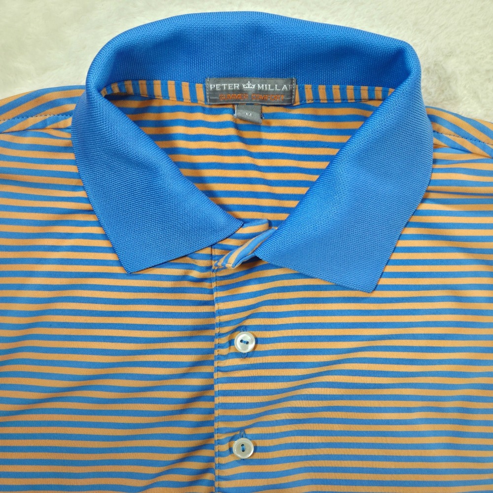 Peter Millar Mens M Polo Shirt Blue Orange Minnehaha Country Club Striped Golf